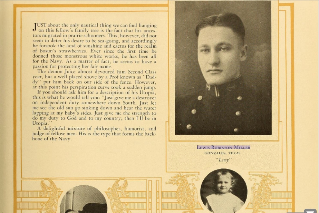 Lewis Miller was Plunkett’s captain when the ship went into Casablanca on Operation Torch. He ran a “happy ship” but was detached after the ship returned from North Africa after a disagreement with the squadron commander and a mishap in Wallabout Bay, Brooklyn. This picture ran in the U.S. Naval Academy’s Lucky Bag in 1926. (credit: United States Naval Academy)