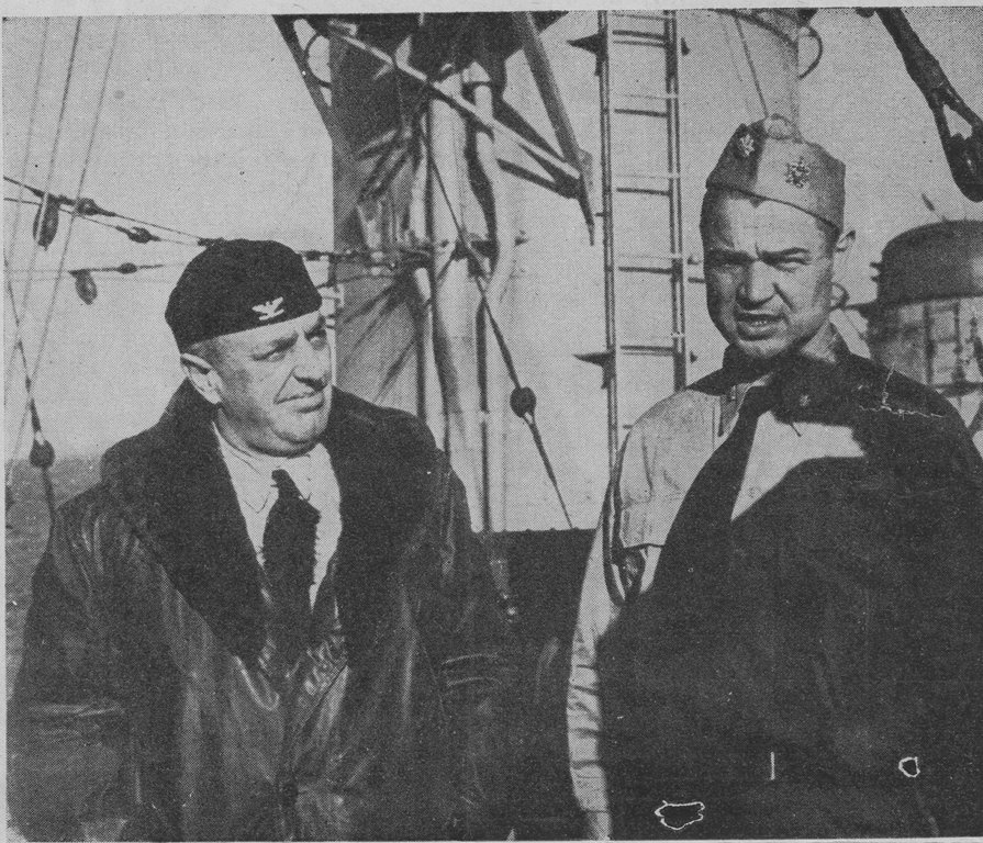 This picture of the Squadron Commander Clay and Plunkett’s Captain Burke was taken just days before the ship went into Anzio and originally appeared in a U.S. Navy publication. (credit: Christine Mott)