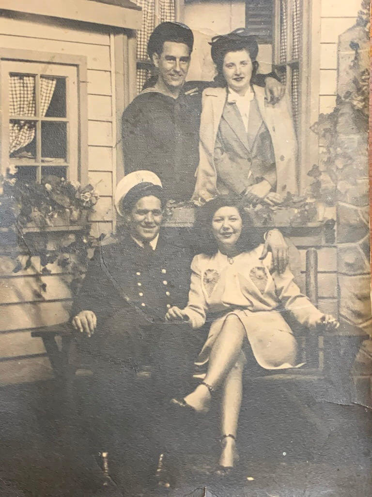 James Patrick Gilligan (standing beside wife Catherine) served on Plunkett as a ship's cook from January 1942 until May 1944. Laid up in Oran with a skin ailment, he missed the assault on Anzio. James was from the Hell’s Kitchen section of New York City. The Gilligans are standing above Dutch and Ginny Heissler.